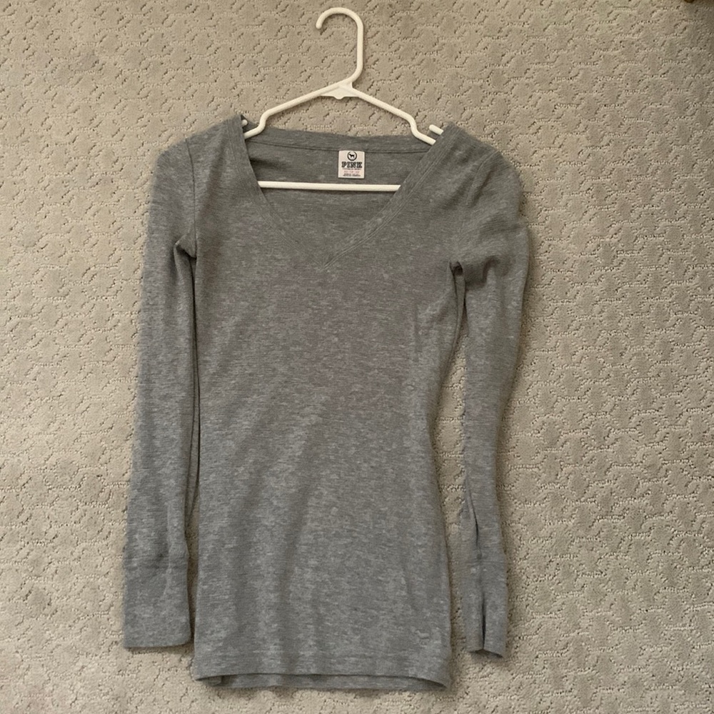 VS Pink v-neck thermal long sleeve shirt, grey. Size x small
